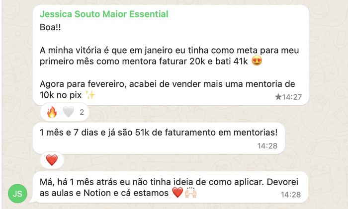 Print de Jessica: meta de 20 mil no primeiro mês como mentora, bati 41 mil, e vendi mais uma mentoria de 10 mil no pix